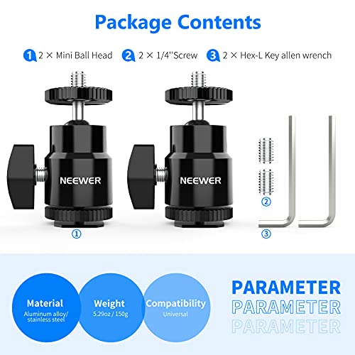 Neewer Mini Ball Head with Cold Shoe & 1/4” Screw, 2 Pack, 360° Swivel 90° Tilt Ballhead Camera Mount Hot Shoe Adapter for Camera, Camcorder, Smartphone, LED Video Light, Microphone, Ring Light, ST17 ST17（2-Pack）
