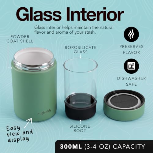 Nugbuddy Airtight Storage Container - Vacuum Sealed Insulated w Nested Glass Jar - UV Protection, Temperature Controlled Stainless - Stays Fresh - Whiteboard Finish w Marker Included - 300 ml (3/4 Oz) Mint