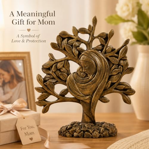 MeritMode Madonna and Child Statue, Virgin Mary with Baby Jesus Figurine Bronze Nativity Tree