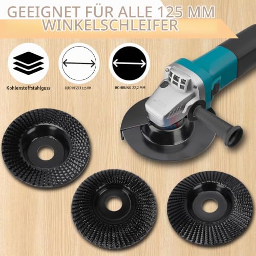 Wood Grinding Disc, Rasp Disc 125 mm, Wood Cutter for Angle Grinder, Flex Grinding Disc, Wood Carving Disc, Milling Disc, for Angle Grinder, Polishing, Carving, Grinding (Set of 3) set of 3