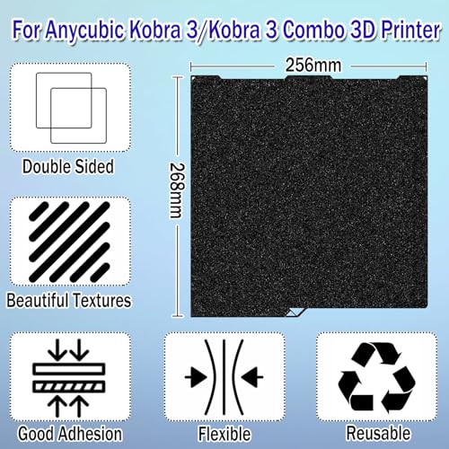 Kobra 3 PEI Printing Plate 256 x 268 mm, Double Sided Textured PEI Spring Steel Print Bed, Flexible PEI Build Plate for Anycubic Kobra 3, Kobra 3 Combo 3D Printer Platform