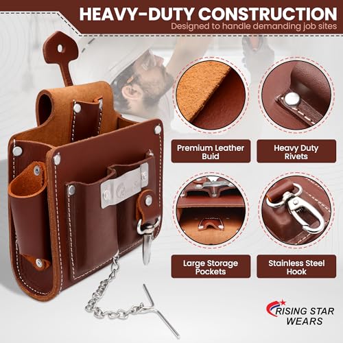 Rising Star 100% Genuine Brown Leather Electrician Tool Pouch – 6 Pocket Heavy Duty Tool Belt Organizer, Professional Construction & Contractor Work Gear