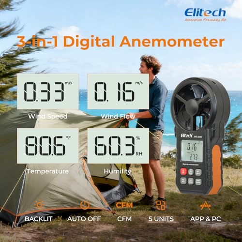 Elitech ANE-200W HVAC anemometer measuring airflow and temperature with Bluetooth connectivity