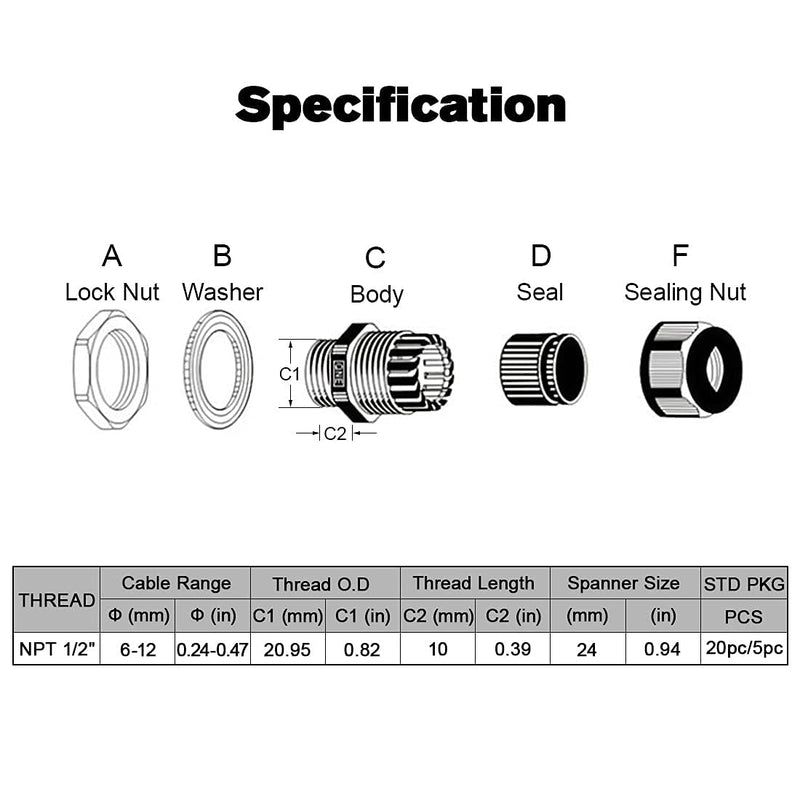 [Australia - AusPower] - LeMotech 5 Pack NPT 1/2" Cable Glands Waterproof Adjustable 6-12mm Cable Connectors Grey Nylon Joints with Gaskets 1/2inch 5-pack 