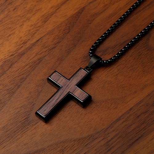 REVEMCN Wooden Cross Necklace for Men – Black Walnut & Stainless Steel Cross Pendant with Adjustable 18–24" Chain, Christian Jewellery Gift for Son Black Walnut - A 18" + 2" Extender (46 + 5 cm)