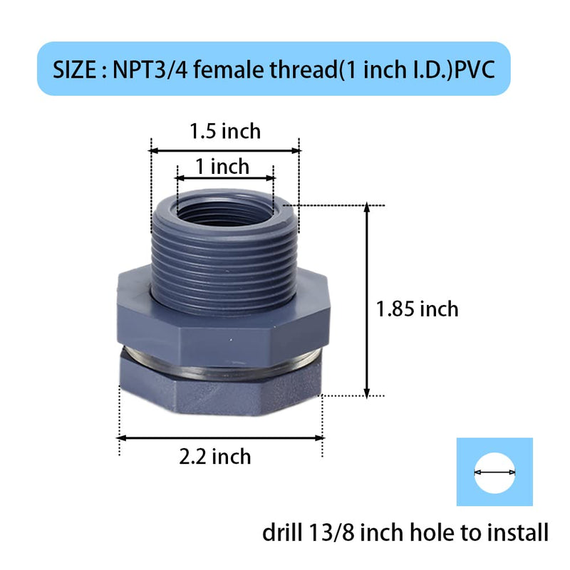 [Australia - AusPower] - 2 Pieces 3/4 Inch PVC Bulkhead Fitting for Water Barrel, Water Tank, Rain Barrels,NPT3/4 female thread(1 inch I.D.) PVC NPT3/4 female thread(1 inch I.D.)PVC 2 