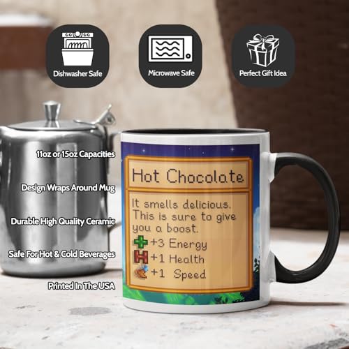 Stardew Valley Game Hot Chocolate Mug Drink Two Tone Coffee Cup, Gift for Video Game Lover Farm Adventure Gaming For Family Friends 15oz Navy