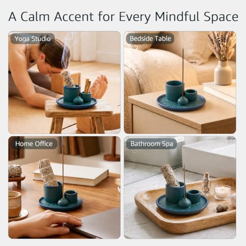 4 in 1 Ceramic Incense Holder, Palo Santo Stick Holder, Sage Holder for Burning, 5.2" Ash Catcher Tray for Meditation, Yoga & Home Decor (Blue) Blue