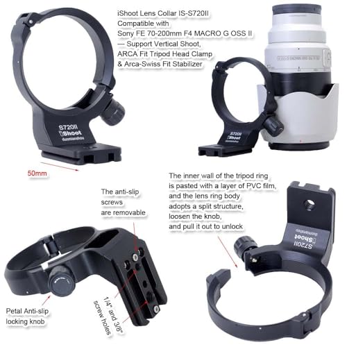 iShoot Tripod Mount Ring Lens Collar Compatible with Sony FE 70-200mm F/4 Macro G OSS II, Lens Support Holder Bracket Bottom Arca-Swiss Fit Quick Release Plate for Arca Clamp Head & Stabilizer