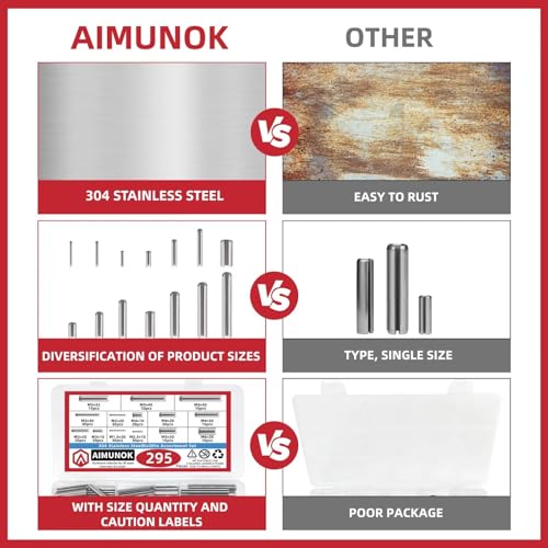 AIMUNOK 295-piece stainless steel metric roll pin assortment kit with assorted pins and storage case