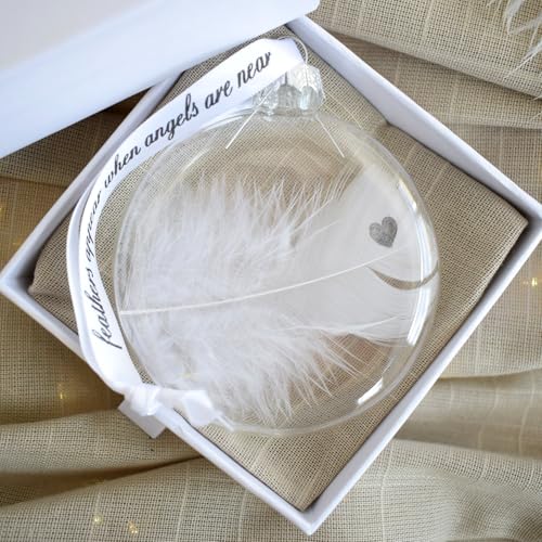Heart Stamped Real White Feather in Glass Round Bauble. Gift Boxed Christmas Tree Hanging Decoration. Spiritual Angel Gift