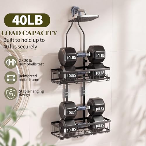 Black Skyapex shower caddy hanging over shower head with adjustable design and multiple shelves for bathroom organization