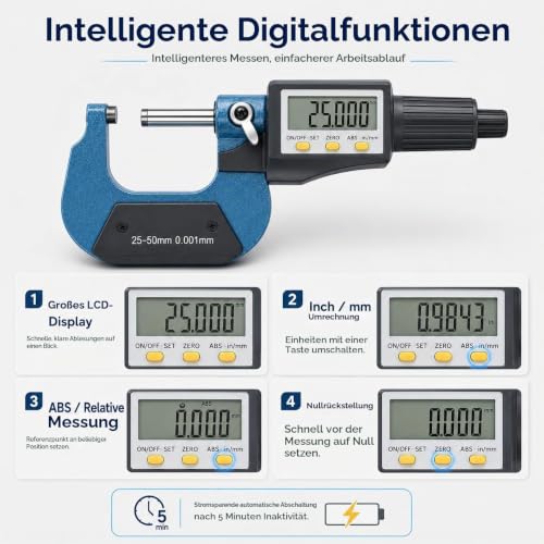 Digital Outside Micrometer, 25-50 mm/1-2 Inch LCD Micrometer, Electronic Digital Micrometer Caliper, Thickness Gauge, Length Measuring Tool 0.001 mm (0.00005 Inches)
