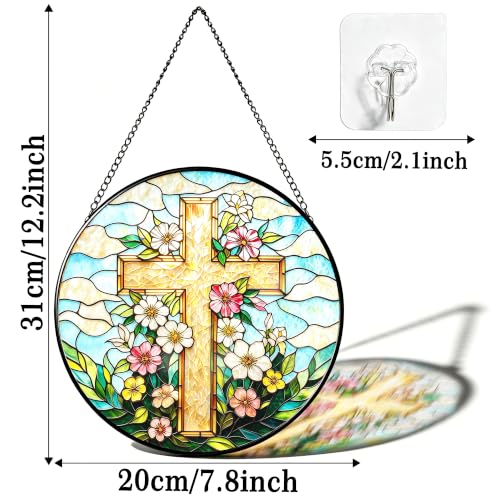 Floral Cross Stained Glass Suncatcher, Christian Flower Cross Window Hanging Ornament with Metal Chain, Religious Spiritual Home Decor Gift