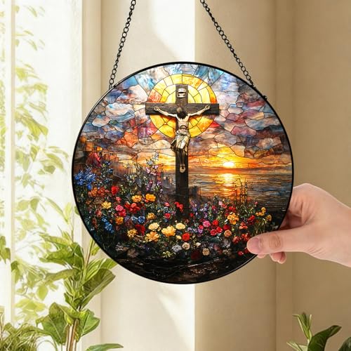 Jesus Cross Stained Glass Suncatcher - 7.9" Real Glass Crucifix Ivory