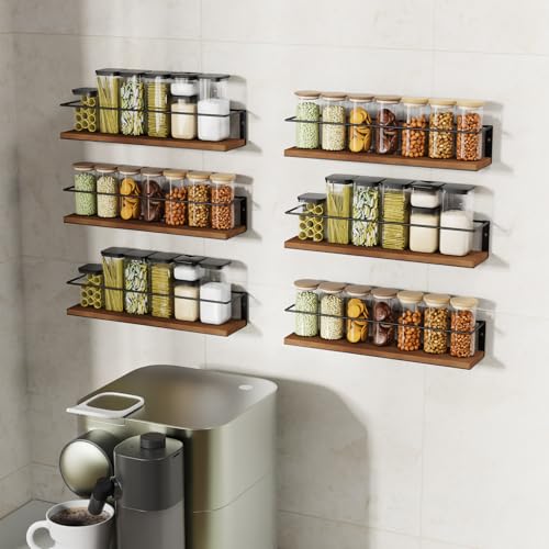 6-Pack Wall-Mounted Spice Rack, Rustic Hanging Storage Shelves 6 Pack- Brown