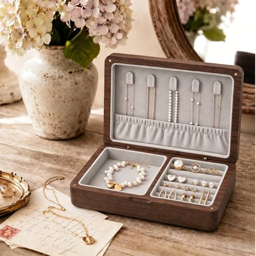 Small Wooden Jewelry Box, Solid American Black Walnut Jewelry Case Walnut+Grey Lining（M）