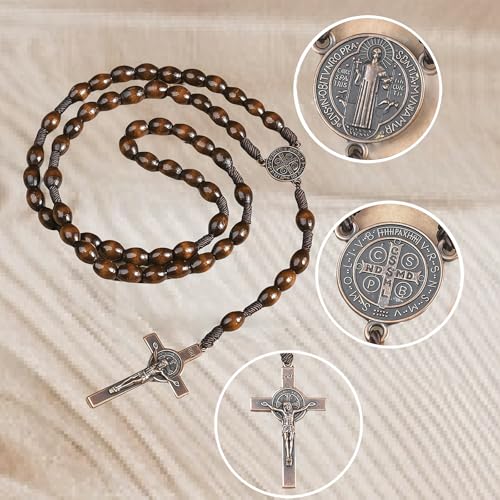 Natural Wood Catholic Rosary Necklace with Saint Benedict Medal