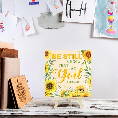 Christian Wood Sign, Be Still And Know That I Am God Bible Verse Gifts For Women, Sunflower Religious Wooden Plaque Desk Decor With Stand, Inspirational Christmas Gifts For Family Friends -10