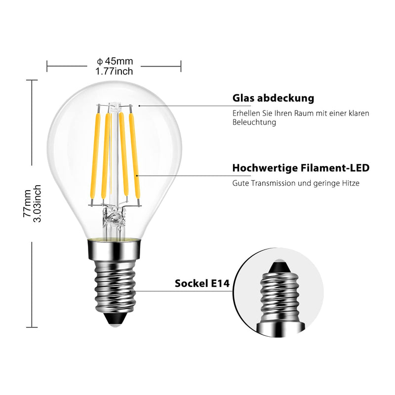 LVWIT E14 LED Bulb P45 Droplet Shape, 4W (replaces 40W), 2700K Warm White Filament Bulb Ultra Bright 470 lm, Mini Globe, Rustic Bulb Filament LED Clear, Pack of 6