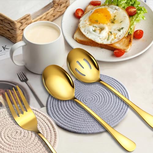 Six-piece KEYOXY gold serving spoons and forks set, including slotted and solid options, 10-inch size for serving and dining.