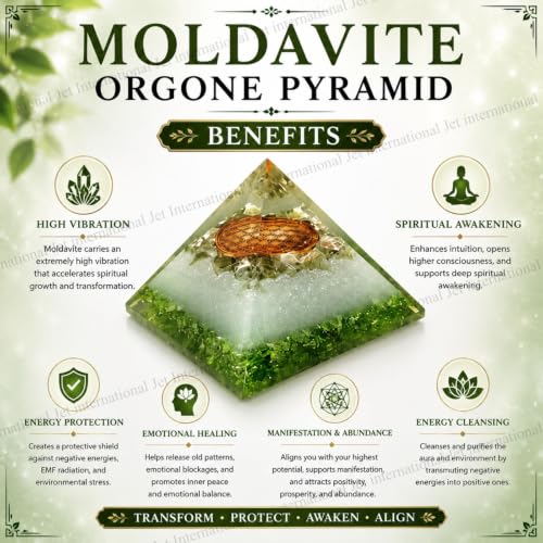 Moldavite Orgone Pyramid – Energy Generator for Healing, Meditation – Spiritual Crystal Decor with Copper, Quartz, Chakra Stones – Reiki Tool & Gift