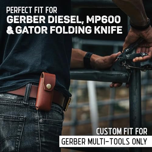 American Bench Craft brown leather multitool sheath and knife case with brass snap for Gerber Diesel and MP600
