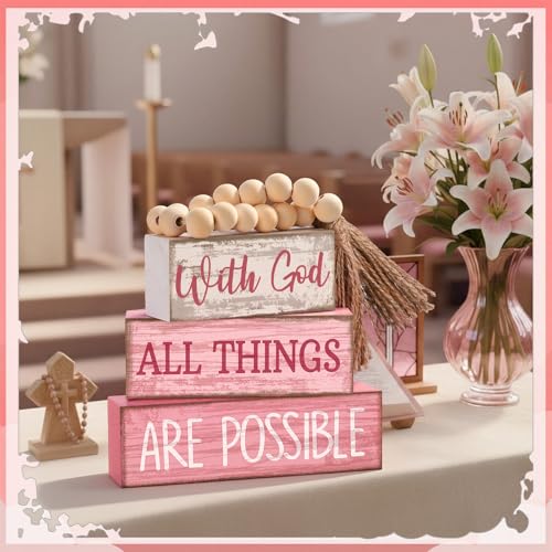 Lineshading 4 Pcs Christian Table Decor Pink God All Things are Possible with God All Things Are Possible