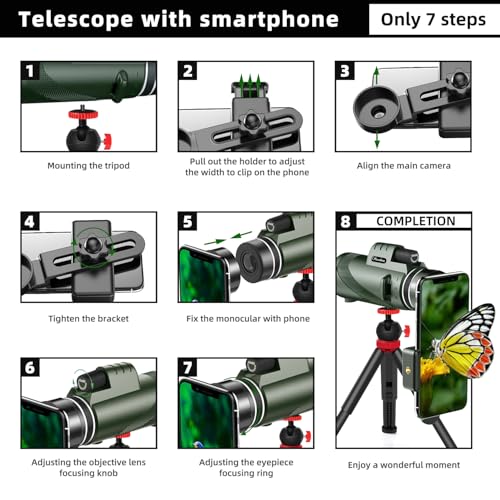 40X60 Monocular Telescope, High Power Monocular for Adults with Phone Adapter & Tripod & Hand Strap, Equipped with BAK4 Prism for Bird Watching Deep Green