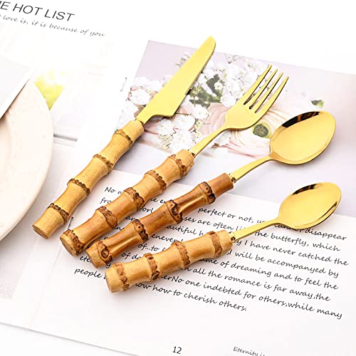 24-Piece Gold Stainless Steel Flatware Set, Bamboo Handle Cutlery with Stand Dinnerware Set Include Knife Fork Spoon And Teaspoon, Service For 6, Mirror Finished.