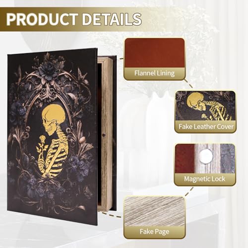 Realistic Hidden Book Safe – Skull & Black Rose Vintage Faux Book M/Golden Skull