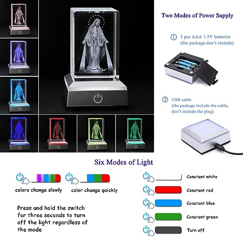 KOMI 3D Our Lady of Grace Crystal Statue with LED Light Base Night Light Mary