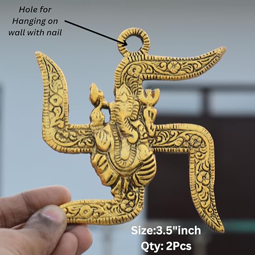 Metal Lord Ganesha Swastik Wall Hanging – 3.5'' Inch, Set of 2 – Traditional Hindu Décor for Home, Temple, Office, Entrance – Spiritual Gift Item for Housewarming, Festive Decoration