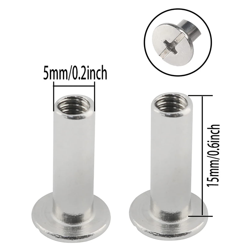 [Australia - AusPower] - Chicago Screw ZZLZX 20Sets 5mm X 15mm Nickel Plated Chicago Binding Screws, Round Cross Head Stud Screw Posts, Phillips Nail Rivet 