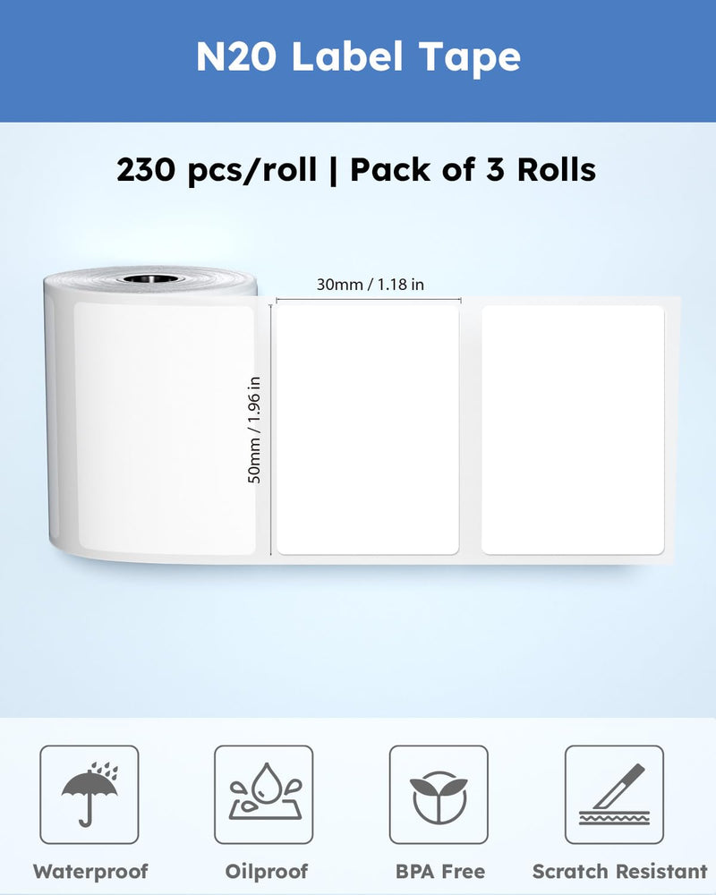 Thermal Labels for N20 Label Maker,1.97"x1.18"(50x30mm), 230 Labels/Roll, for Barcode, Address, Mailing, Logo, Business, Name Tag, 3 Rolls White-5030