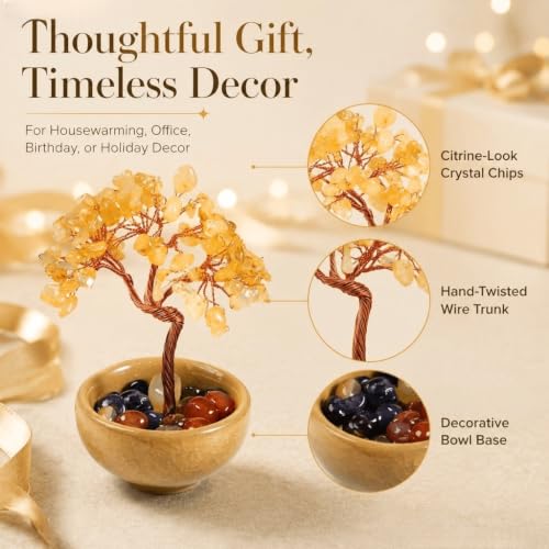 Citrine Crystal Tree of Life, Handmade Mini Crystal Tree with Crackle Ceramic Bowl & Mixed Chakra Stones, 3.93×2.36in Healing Crystal Desk Ornament, Lucky Feng Shui Calming Decor Gift for Home Office Citrine