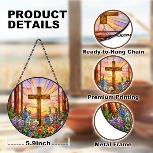 Christian Cross Stained Glass Window Hanging 5.9x5.9in Crucifix