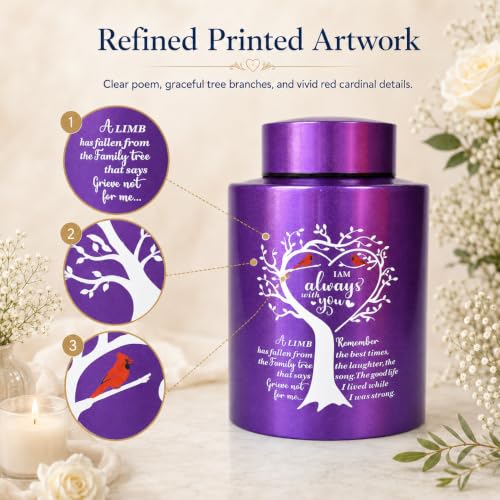 Purple Medium Urns for Human Ashes Up to 60 Cubic Inches, Small Cremation Urn for Ashes Adult Female Male, Decorative Stainless Steel Funeral Burial Memorial Urn with Two Cardinal Birds Purple