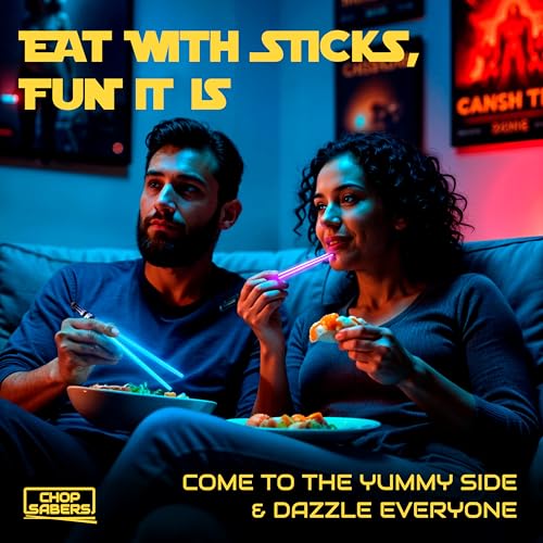 Lightsaber Chopsticks Light Up - LED Glowing Light Saber Chop Sticks - Reusable Sushi Lightup Sabers Chopstick Set Of 4 Pairs - 8 Changing Color Modes Clear Tips - 4 PAIRS