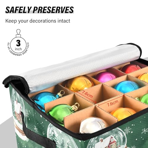 Snow Globe Christmas Ornament Storage Box with Adjustable Dividers Stores up to 64-3 Inch Holiday Ornaments, 13 x 13 Inch Xmas Storage Containers A03