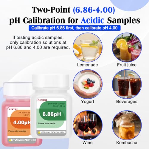 GIDIGI pH buffer solution set with 4.00, 6.86, and 9.18 pH calibration liquids in purple bottles