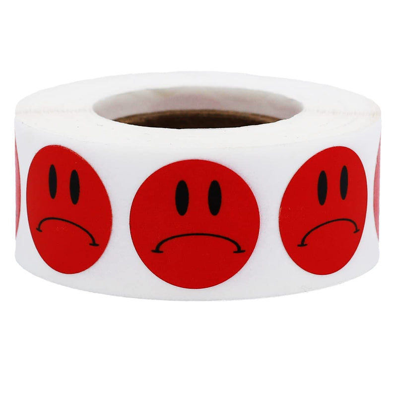 Sad Face Stickers - Red Frowny Face Labels, 0.75 Inch Round Dots, 500 Total Adhesive Stickers for Feedback and Organization - Made in the USA