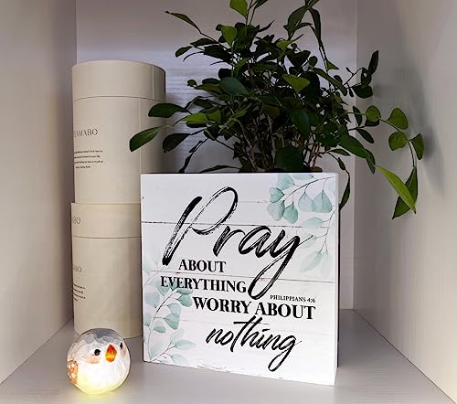 Christian Wood Sign - Bible Verse Philippians 4:6 - Pray about Everything, Worry about Nothing - Tabletop, Home Desk Decor, Motivational Gift