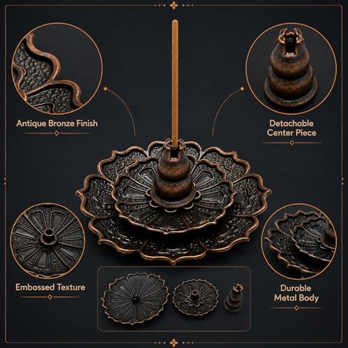 Incense Holder for Sticks, 3-in-1 Lotus and Gourd Incense Burner with Detachable Ash Catcher, Spiritual Japanese Decor for Yoga and Meditation Small
