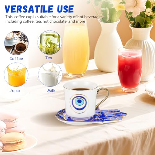 Zerodeko Evil Eye Cup with Saucer 2-pack Porcelain Tea Mug Set Microwave and Dishwasher Safe Anti-Scald Handle 4.13 X 5.90 X 2.95 in for Home Office Tea Coffee Milk