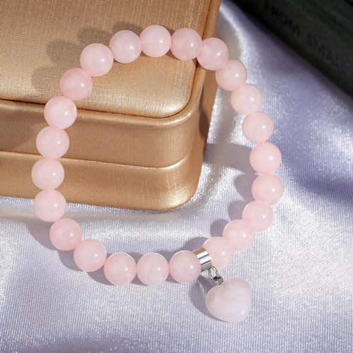 MAIBAOTA Rose Quartz Heart and Heart Charm Bracelet