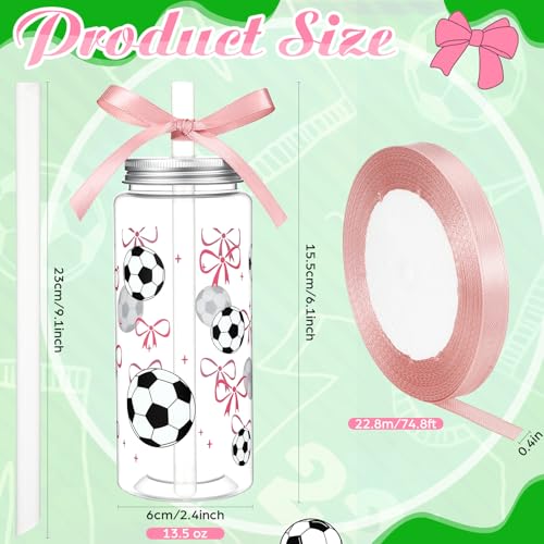 24 Pcs Soccer Plastic Cups with Lids, Straws, and Pink Ribbon, 13.5 oz Pink Bow Sports Theme Party Clear Drinking Cups Reusable Tumblers for Birthday Sports Party Team Gifts