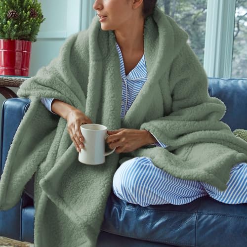 Wearable Blanket Sherpa Poncho Office Work Warm Cozy Shawl Blanket,Plush Cape Wrap for Adults Green