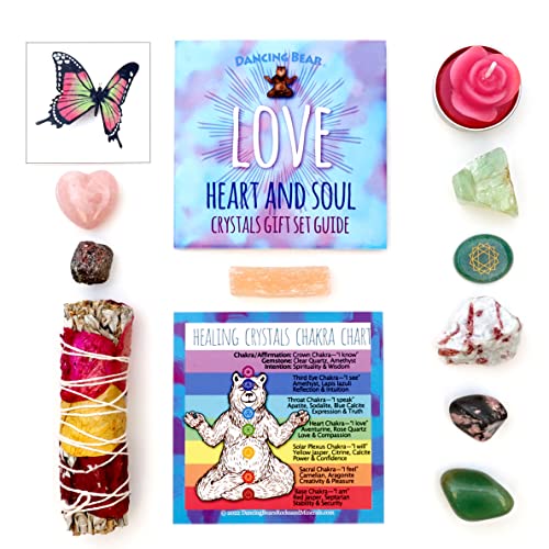 DANCING BEAR Healing Crystals (11 pc) Gift Set to Attract & Share Love, Rose Quartz Heart, Pink Tourmaline, Sage, Rhodonite, Butterfly Tattoo, Aventurine Heart Chakra Stone, Selenite, Made in The USA