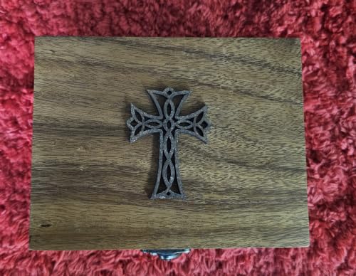 RK Collections Cross Rosary Box Made of Teak Wood | First Communion Jewelry Box | Trinket Box for Rosary Beads, Keepsakes, Small Jewelry and Mementos (5.75" x 4.75" x 2.5") 5.75" x 4.75" x 2.5"